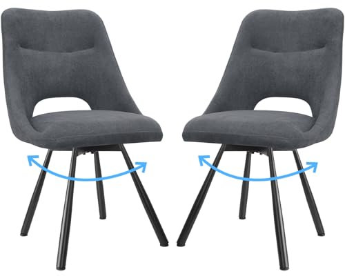 FRUOGO 2er Set Esszimmerstühle, 180° drehbarer Küchenstuhl, Frisiertischstühle aus Baumwoll-Kaschmirimitat, moderner gepolsterter Wohnzimmerstuhl mit Metallfüßen, Dunkelgrau