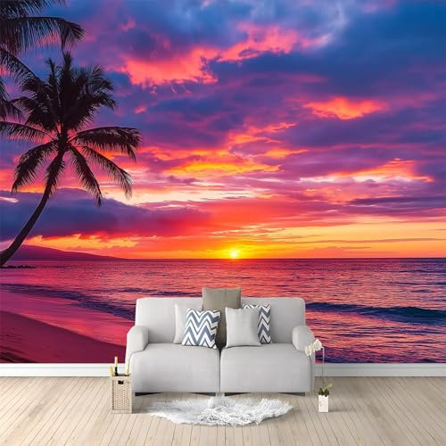 Papier Peint Panoramique Coucher De Soleil Plage Palmiers Rouge 400x280 cm Papier Peint Poster Mural 3D, Tapisserie Photo Peinture Murale Intissé Fresque pour Salon Chambre Toile Fond TV