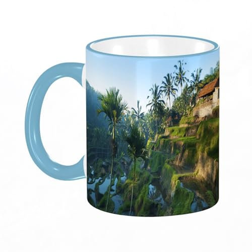 YOIUE Tasse aus Keramik - Große 11oz Tassen 330ml Kaffeetassen mit Henkel, 100% Handbemalt - Trinkgläser mit Griff - Weiß,Terrassen-Reisfelder im Morgensonnenaufgang, Bali, Indonesien.
