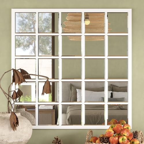SHYFOY Specchio da Finestra, Specchio da Parete da 69 cm Specchio Decorativo per Finestra Quadrato da Fattoria con Specchio Rustico Bianco smussato a Parete per Ingresso Soggiorno