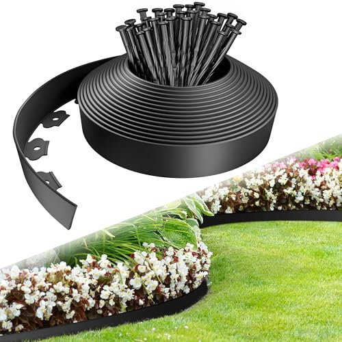 Lawn Edging, 10m Garden Edging Border with 30 Pegs, 5cm High Plastic Flexible Landscape Lawn Edging Strip for Flower Beds Edging, Grass Edging, Lawns and Paths