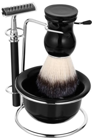 SAFIGLE 4 Stück Rasier für Herren mit Edelstahl Rasierer Rasierpinsel Seifenschale und Halter Retro Stil Einfach zu Reinigen und Schick