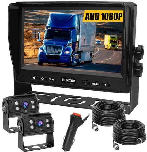 Dual-Rückfahrkamera-Set mit 7-LCD-1080P Monitor & 170° Weitwinkel- Rückfahrkamera, IP69K wasserdicht, 4IR Nachtsicht, DIY-Leitfäden,für LKW/Anhänger/Bus/Van/Landwirtschaft/Schwertransport(12-32 Volt)