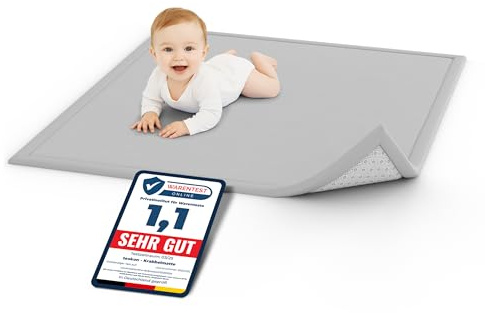 teskon® seidenweiche Krabbelmatte Baby Spielmatte Kinder 150x80x3cm grau | 3 cm dick, Premium Memory-Schaum, rutschfeste Unterseite, Geräuschhemmend, sicher und gemütlich fürs Krabbeln und Spielen