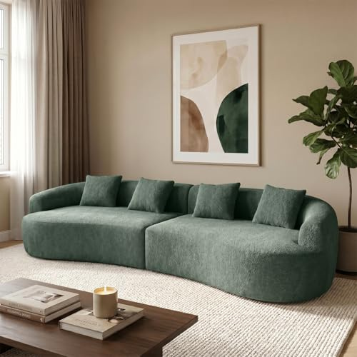 skølm Loki Cloud Couch Teddy-Bouclé, 4-Sitzer, Dunkelgrün, 4 Kissen, 330 cm | Sofagarnitur, Vollschaumcouch mit Federkern & Vakuum-Kompression, kein Aufbau erforderlich, Sofa für Wohnzimmer, Polstersofa