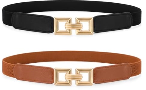 XZQTIVE 2 Pack Damen-Schmalgürtel,Feiner Stretch-Gürtel mit Vintage Goldschnalle, Perfekt für Kleider & Elegante Anlässe