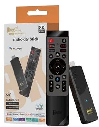 TV98 Android TV 14.0 Streaming Stick, 8K Ultra HD, 5G WiFi, 16GB Storage, 2GB RAM, Bluetooth Remote Control, Black