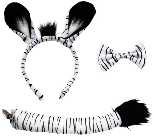 FangBoJie Tier Zebra Kostüm Set - Ohren Stirnband,Lustiger Kopfschmuck | für Safari Kostüm Damenhwanz und Fliege für Tierkostüm Cosplay Geburtstagsparty Karneval Halloween Partyzubehör