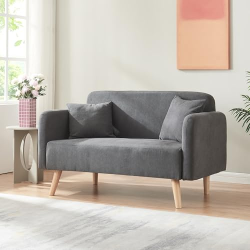 [en.casa] Sofa 2-Sitzer Midt Couch mit Rückenlehne und Armlehnen 132 x 70 x 81 cm mit Holzfüßen max. 320 kg Polstersofa mit 2 Kissen Wohnzimmer Cord Grau