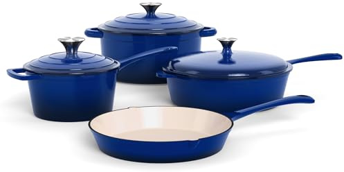 Kitchen Academy Lot de 7 Casseroles en Fonte émaillée Induction Bleu | Casseroles et Poêles Antiadhésif, Cocotte Fonte Émaillée avec Couvercle non Toxique Batterie de Cuisine Tous Feux