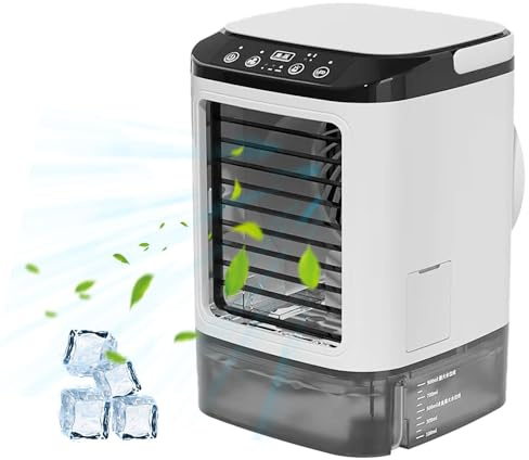 Climatiseur Mobile 4-en-1 Rafraîchisseur d’Air avec Réservoir 0.9L, Humidificateur et Purificateur d'air, 3 Vitesses, 7 Lumières LED, Climatiseur Silencieux pour Chambre, Bureau