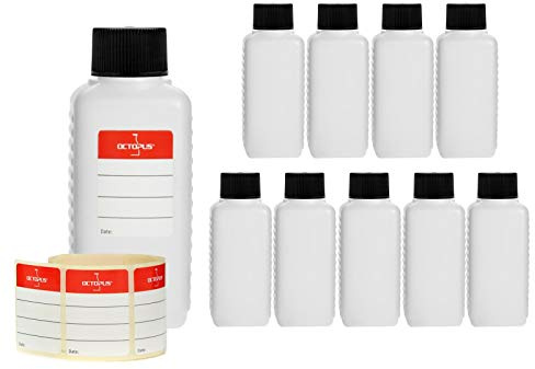 Octopus 10 Kunststoffflaschen à 100 ml aus HDPE mit Schraubdeckel schwarz | Für Tinten, Farben, Öle und Kosmetik, vielseitig für Proben, Mischungen, Lagerung und Transport