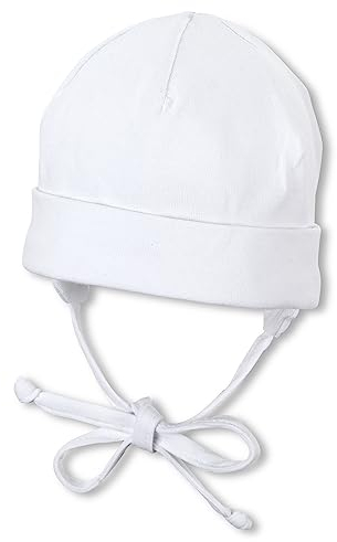 Sterntaler OCS Beanie Baby Mütze mit Ohrenklappen & Bindeband, Bio-Baumwolle, Singlejersey, Unisex, Größe 39, weiß, Mütze mit Umschlag, GOTS-zertifiziert