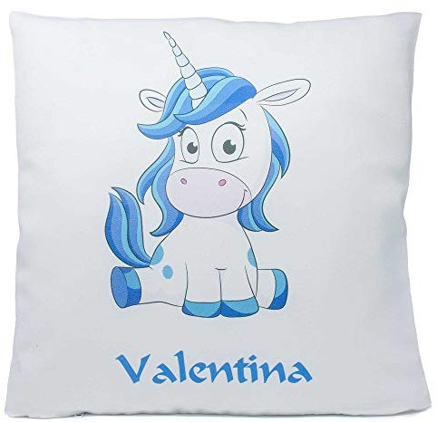 SL-Store GbR Kissen mit Namen Geburt Einhorn blau türkis 40x40 cm inkl. Füllung Kuschelkissen, Kissen Farbe:Vorderseite weiß/RS hellblau