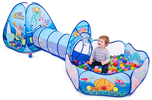 Benebomo Spielzelt mit Tunnel,3 in 1 Spielzelthaus, bällebad mit Tunnel,Kinderspielhaus-Spielzeughaus, Krabbeltunnel,Puzzle-Krabbeln, Zaunballbecken, Kriechgang