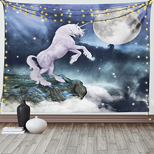ABAKUHAUS Einhorn Wandteppich, Kreatur auf Klippen Felsen im Vollmondlicht Himmel Fantasy Design Kunstdruck, aus Weiches Mikrofaser Stoff Wand Dekoration Für Schlafzimmer, 230 x 140 cm, Flieder Blau