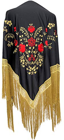 La Senorita Spanischer Manton Tuch - Schwarz Gold mit roten Blumen Franzen Gold Large