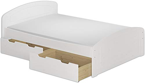 Erst-Holz Massivholzbett weiß in Überlänge 140x220 cm mit wählbarem Zubehör V-60.50-14-220W, Ausstattung:Rollrost und Matratze inkl.