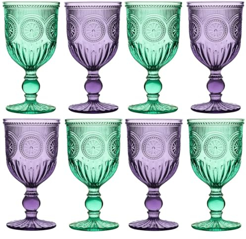 Coloured Wine Glasses, Set of 8, Green & Purple Mandala - Dishwasher Safe - 300ml Wine Goblets