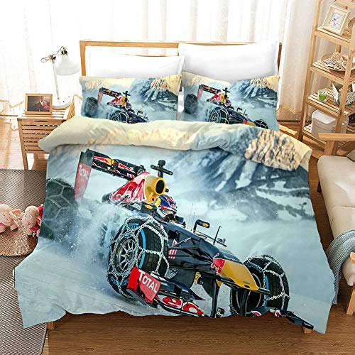 WXhGY Bedruckter Bettbezug Set F1 Rennwagen Bettwäsche Set 3 Teilig 135x200cm Mikrofaser Bettbezug mit Reißverschluss und 2 Kissenbezug 80x80 cm,Bettwäscheset Für Kinder Junge Mädchen