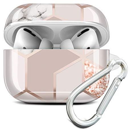 JAHOLAN Kompatibel mit AirPods Pro Hülle Silikon Marmor Stoßfeste Kopfhörer Taschen Case Schutzhülle Zubehör mit Karabiner Kompatibel mit AirPod Pro Rose Gold