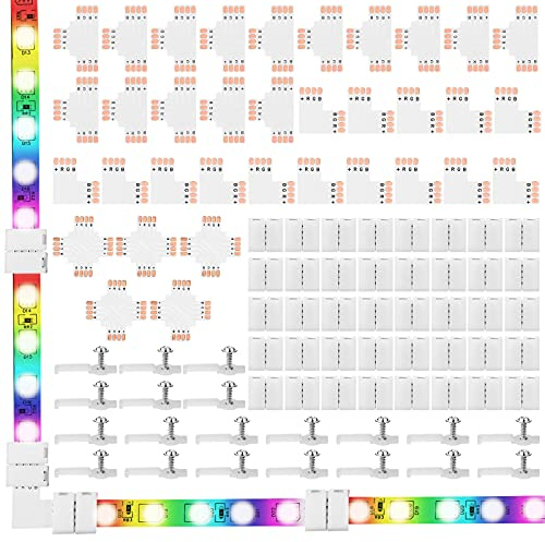 95 Stücke 4 Polig LED Licht Streifen Verbinder Set inklusiv Schrauben Befestigung Klammern, 4 Polig Anschluss, Schneidbar Leiterplatte in T-, L- und X-Form für Lückenlos Lötfrei Verbinder