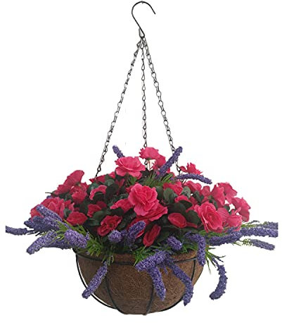 Innen- und Außenbereich DIY Dekoration Kette Hängekorb Blumentopf künstliche Azaleen und lila Lavendel Rose rote Seide Azaleen Blumen (kleiner Korb)