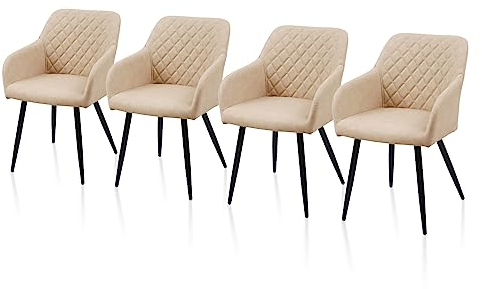 TUKAILAI Esszimmerstühle 4er Set aus Kunstleder, Modern Küchenstuhl Polsterstuhl Wohnzimmerstuhl Sessel mit Armlehnen Rückenlehne Metallbeinen, für Küche Esszimmer Wohnzimmer Lounge,Creme