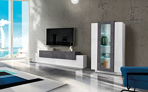 möbelando Wohnwand Anbauwand Schrankwand Mediawand TV-Wand Wohnzimmerwand Catania I Weiß Hochglanz/Schiefer Nachbildung