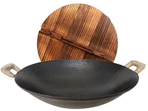 MNSSRN Wok di Ferro Addensato, Ampia Padella di Ferro, Padella Antiaderente Non patinato, Mensa Antico Vecchio Stile Cottura Wok,50cm