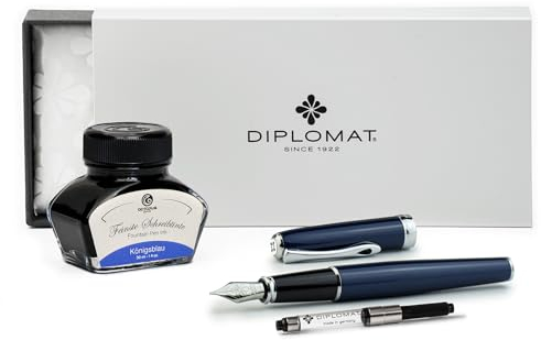 Diplomat Excellence A2 Midnight Blue Chrom, Füllfederhalter mit Schreibtinte und Konverter, Füller mit Edelstahlfeder Stärke M, Füllhalter-Set