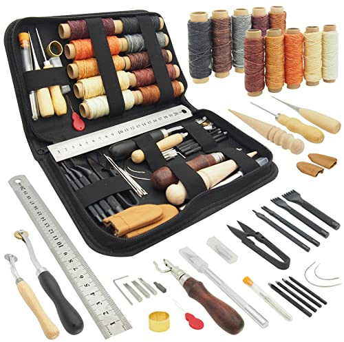 PLANTIONAL Herramientas de trabajo de cuero para principiantes: kit profesional de manualidades de cuero con punzón de hilo encerado, punzón de costura para manualidades en cuero, regalos para