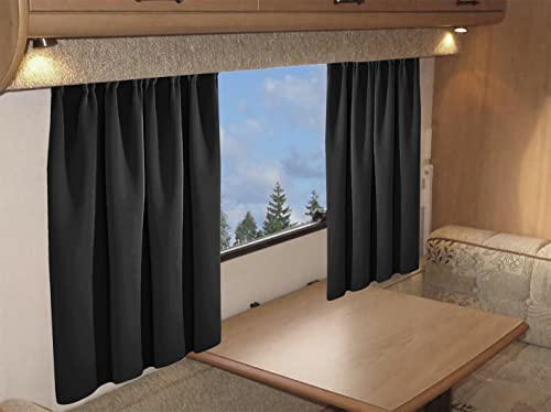 Olivia Rocco Tape Top Plain Woven Blackout Curtains For Caravans Motorhome Campervan Pelmet Pencil Pleat Panels Plain Fabric (Black, 117 x 198 cm)