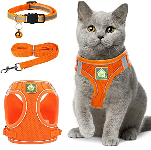 Zhenle Katzengeschirr Ausbruchsicher mit Katzenleine,Verstellbar Reflektierend Katzen Geschirr Set mit Leine,Orange Katzen Geschirrset Enthalten Halsbänder Leine und Brustgeschirr (XS)