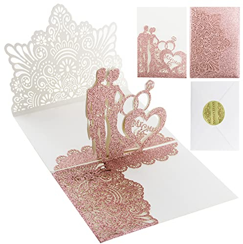 Hochzeitskarte 3D Pop Up Karte Glückwunschkarte Hochzeit Glitzer Roségold Hochzeitseinladung Valentinstag Karte Geschenkkarte als Glückwunsch Hochzeit