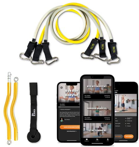 PAKAMA - Premium Widerstandsbänder Set inkl. SZ-Stange (Bar) für Home Workout & Krafttraining Zuhause - Heavy Resistance Bands in 14kg, 16kg und 18kg - Fitness-Bänder für bis zu 100kg Widerstand