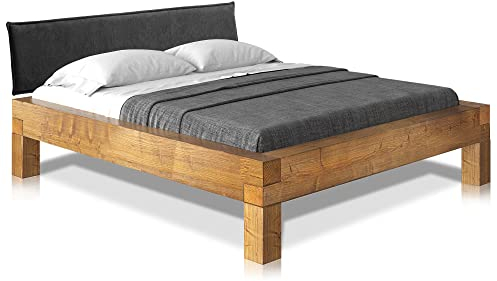 moebel-eins CURBY Balkenbett mit Polster-Kopfteil, 4-Fuß, Material Massivholz, 140 x 200 cm, Vintage, Stoff Anthrazit, Standardhöhe