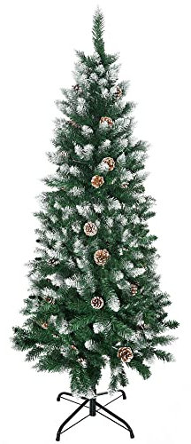 HOMCOM 5 Ft Snow Artificial Christmas Tree with Realistic Branches, Pine Cone, for Indoor Decoration, Green White
