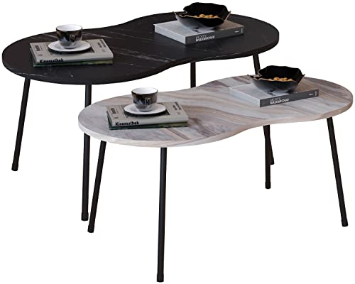 VCM Holz Beistelltisch | ovaler Couchtisch im schlichten Marmor Optik Design | Maße ca. H. 42 x B. 90 x T. 41 cm | Wohnzimmertisch - Mirola