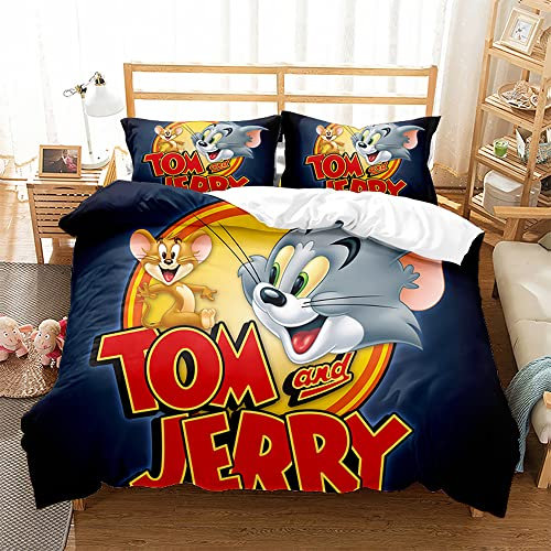 Ste-X Bettbezug-Set Tom Und Jerry, 100% Langstapelige Baumwolle, Atmungsaktives Bettwäsche-Set, Leichter Bettbezug Mit Verdecktem Knopfverschluss (200x200cm,TAJ 05)