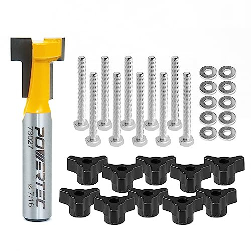POWERTEC 73032 Hartmetallbestückter T-Nut-Fräser-Bit, 7/16 Zoll Durchmesser. x 3/16 Zoll H x 1/4 Zoll Schaft (1 Stück) mit T-Track-Knauf-Set inkl. 1/4-Zoll-20 x 1-1/2 Zoll Sechskantschrauben und
