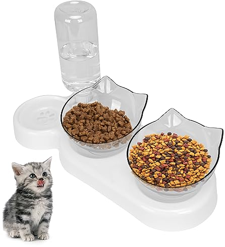 Tilted 15° Cat Bowl, Detachable Adjustable Cat Food Bowl with Stand, Cat Floating Water Bowl with Gravity Water Feeder, Anti-spill Pet Food Feeding Bowl for Cat and Puppy (white)