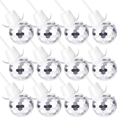 12 PCS Disco Ball Cups White Disco Cowboy Hat Party Cups with Straws 70s Mirror Sequins Cocktail Cup Sparkling Cowgirl Tumbler Wine Glass for 1970s Bar Dance Bachelorette Party Decorations (White, 12)