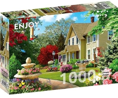 1000 Pieces Jigsaw Puzzle for Adults – Matte Finish, Soft Touch, Sturdy and Unique Pieces, Tight Fit, Vivid Colors, Missing Pieces Service – House in Summer Flowers Garden Landscape – by ENJOY Puzzle
