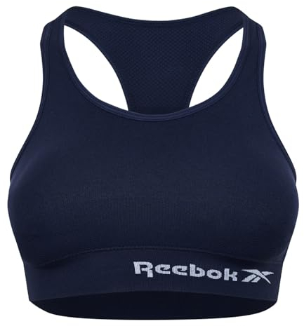 Reebok Damen Seamless Crop Top in Marineblau | Fitness-BH mit Feuchtigkeitsableitungstechnologie, geringer Belastung, Racerback und Ausschnitt-Detail