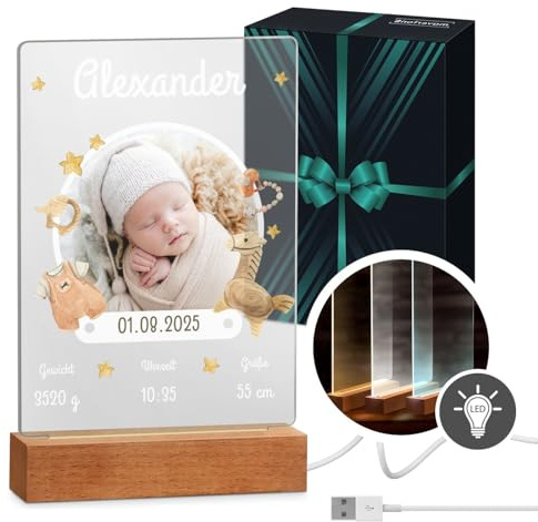 Maverton beleuchteter LED-Fotoaufsteller, Glasbild mit LED-Beleuchtung | Personalisiertes Acryl Glasbild mit LED-Beleuchtung auf dem Holzständer für Mädchen und Jungen, Größe: 15x24x4,5cm