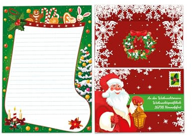 Briefpapier-Set A5 Weihnachtsstiefel Schreibblock liniert mit Umschlag Motiv Weihnachten Wichtelgeschenk für Kinder (1 Block A5 mit 25 Blättern + 15 bedruckte Kuverts An den Weihnachtsmann)