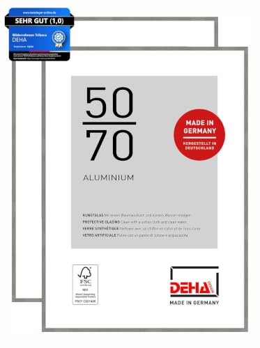 DEHA Design Aluminium Bilderrahmen Tribeca, 50 x 70 cm 2er Set, Grau | Aluminium Posterrahmen im Hoch- & Querformat zum Aufhängen Grau gebürstet bruchsicheres Kunstglas
