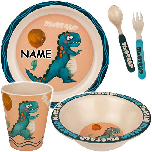 alles-meine.de GmbH Geschirr Artikelwahl 5 TLG. Geschirrset - Dinosaurier - Trinktasse + Teller + Müslischale + Besteck - inkl. Name - Kindergeschirr - Frühstücksset für Kind..
