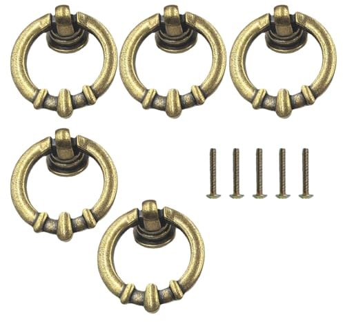 ONEBO 5 pcs Door Ring Pull Handles,Vintage Metal Drawer Knobs Pulls Handles, with Screws, for Cabinet Wardrobe Cupboard Dresser(Brass)